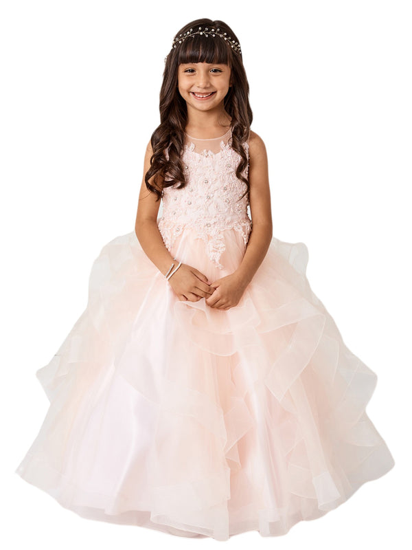 Girls Multi Color Illusion Neckline Lace Applique Trim Pageant Dress 2-12 - SophiasStyle.com
